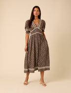 Brown Ditsy Floral Puff Sleeve Saffy Midi Dress