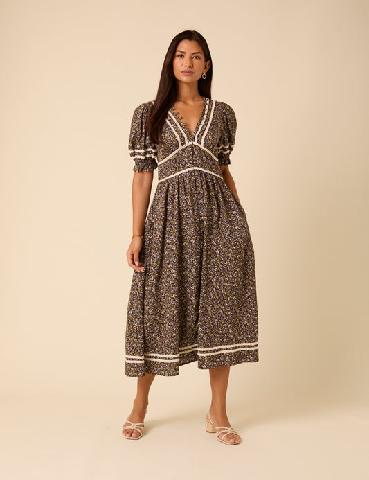 Brown Ditsy Floral Puff Sleeve Saffy Midi Dress