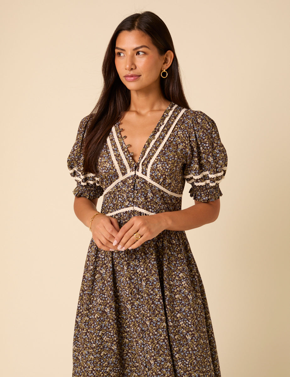 Brown Ditsy Floral Puff Sleeve Saffy Midi Dress Brown Ditsy Floral Puff Sleeve Saffy Midi Dress