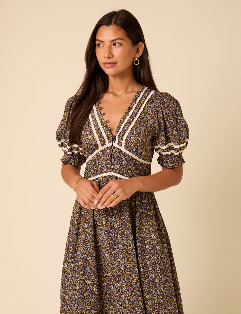 Brown Ditsy Floral Puff Sleeve Saffy Midi Dress