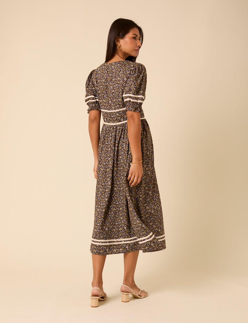 Brown Ditsy Floral Puff Sleeve Saffy Midi Dress