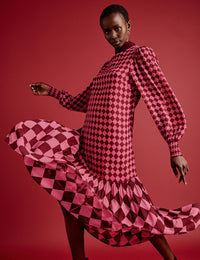 NC x Lisou Burgundy and Pink Printed Scarf Tiered Maxi Dress