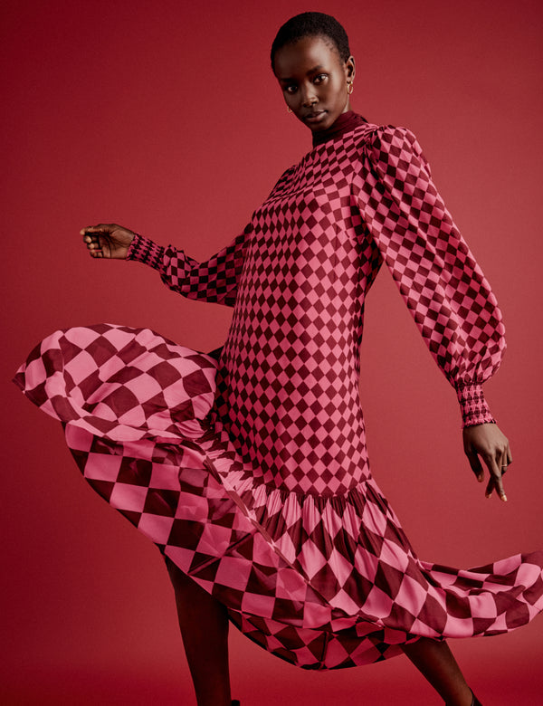 NC x Lisou Burgundy and Pink Printed Scarf Tiered Maxi Dress