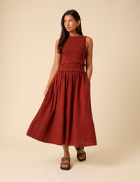 Red Shirred Bodice Ingrid Midi Dress
