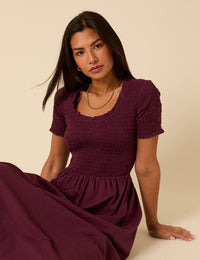 Burgundy Shirred Short Sleeve Zita Midi Dress