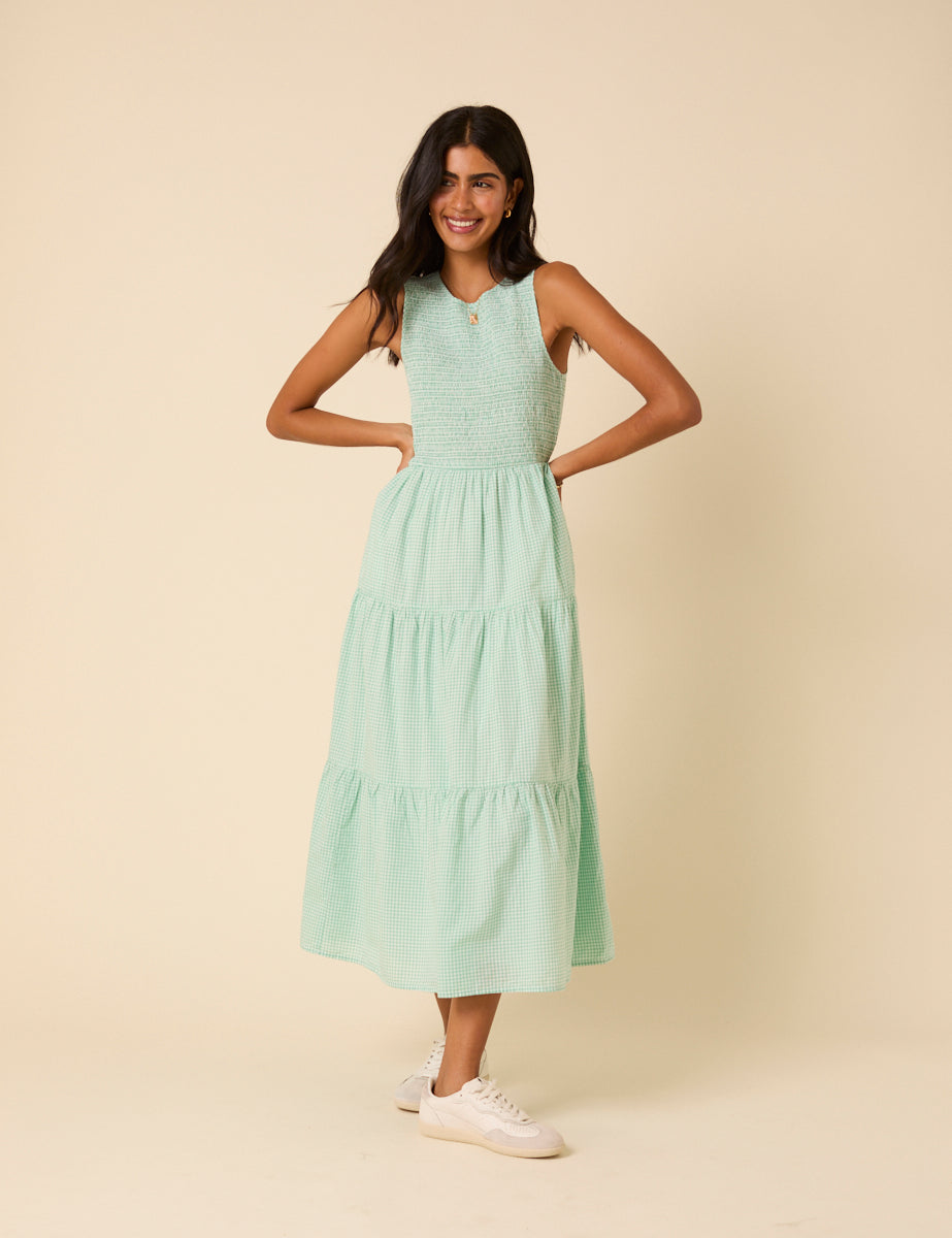 Mint Green Gingham Sleeveless Tiered Charlie Midi Dress Mint Green Gingham Sleeveless Tiered Charlie Midi Dress
