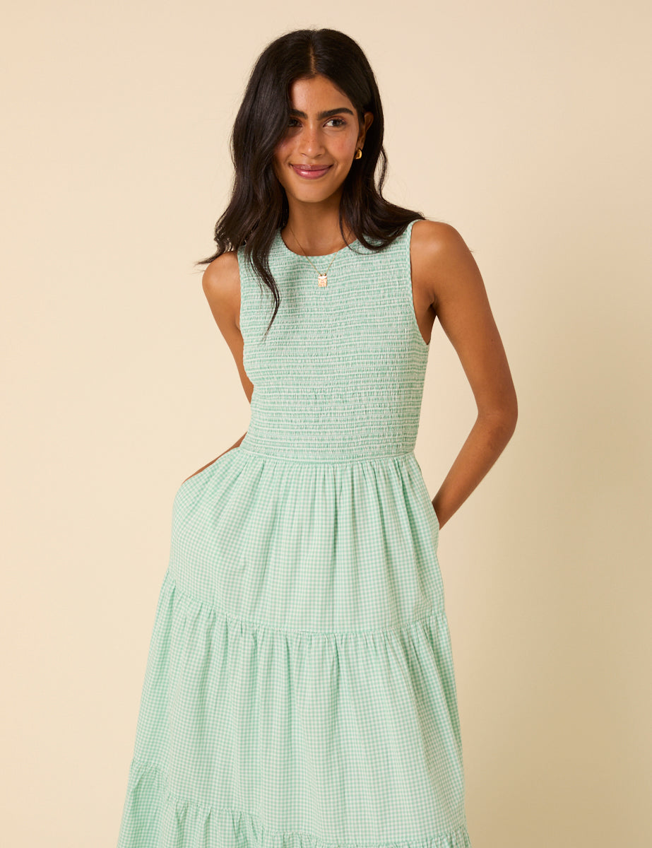 Mint Green Gingham Sleeveless Tiered Charlie Midi Dress Mint Green Gingham Sleeveless Tiered Charlie Midi Dress