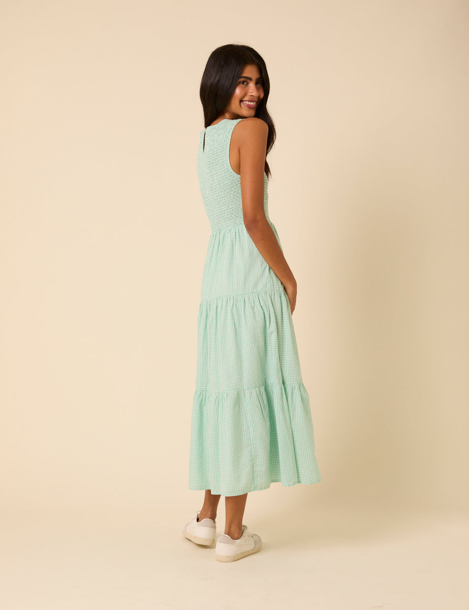 Mint Green Gingham Sleeveless Tiered Charlie Midi Dress Mint Green Gingham Sleeveless Tiered Charlie Midi Dress