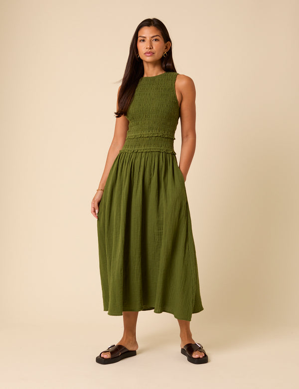 Green Shirred Bodice Ingrid Midi Dress