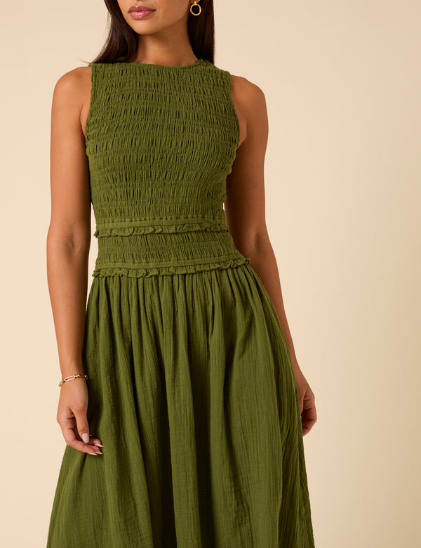 Green Shirred Bodice Ingrid Midi Dress