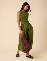 Green Shirred Bodice Ingrid Midi Dress