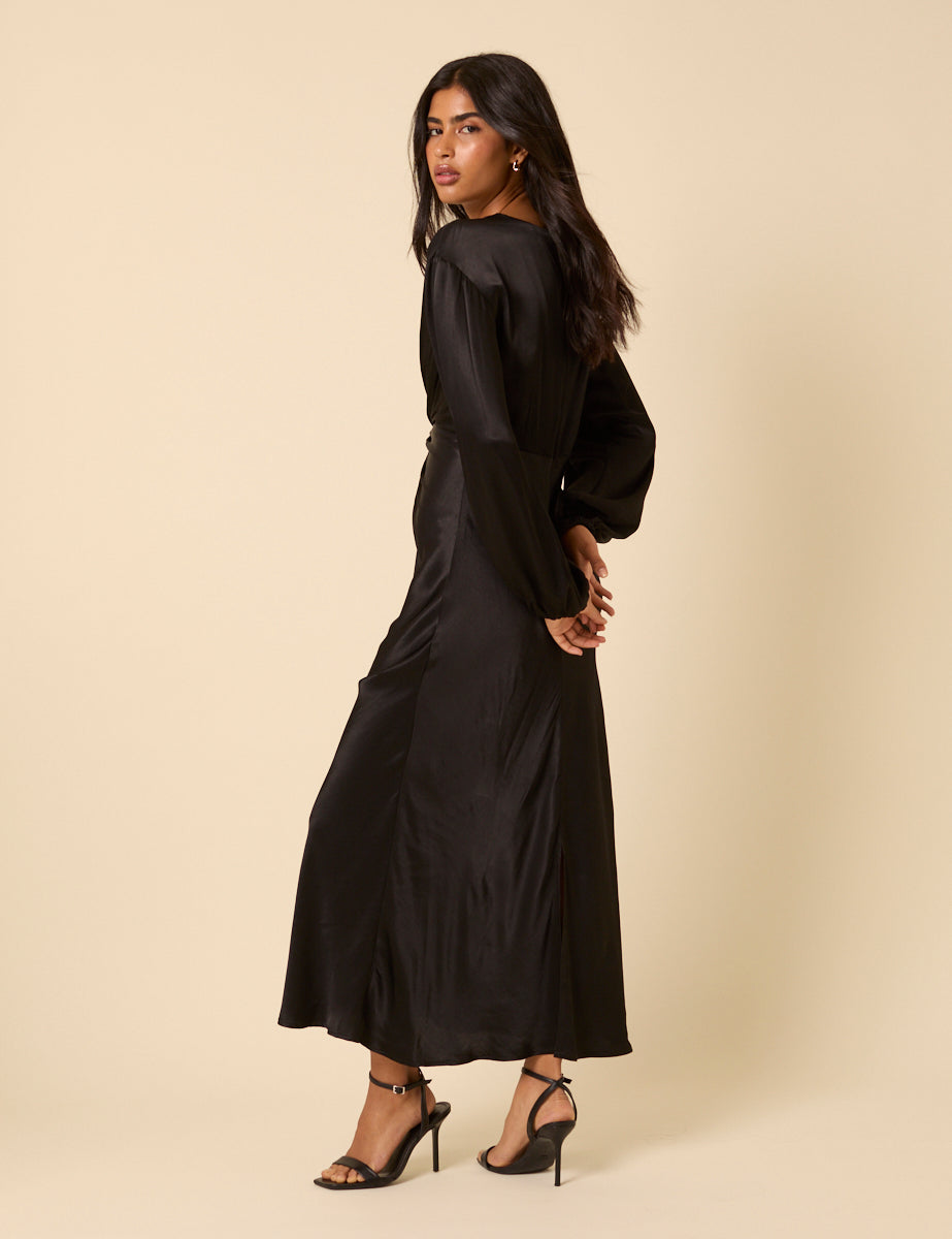 Black Balloon Sleeve Adina Midi Dress
