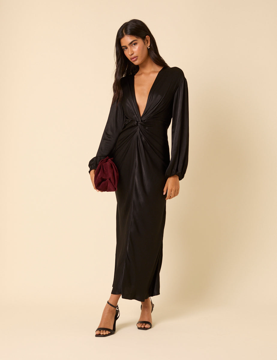 Black Balloon Sleeve Adina Midi Dress