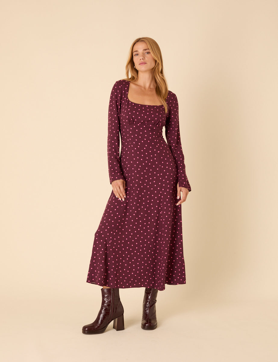 Burgundy Polka Dot Delilah Midi Dress Burgundy Polka Dot Delilah Midi Dress