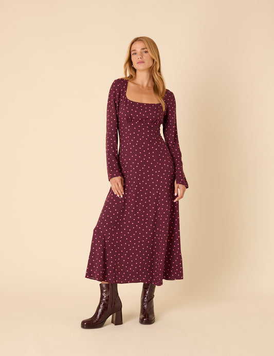 Burgundy Polka Dot Delilah Midi Dress