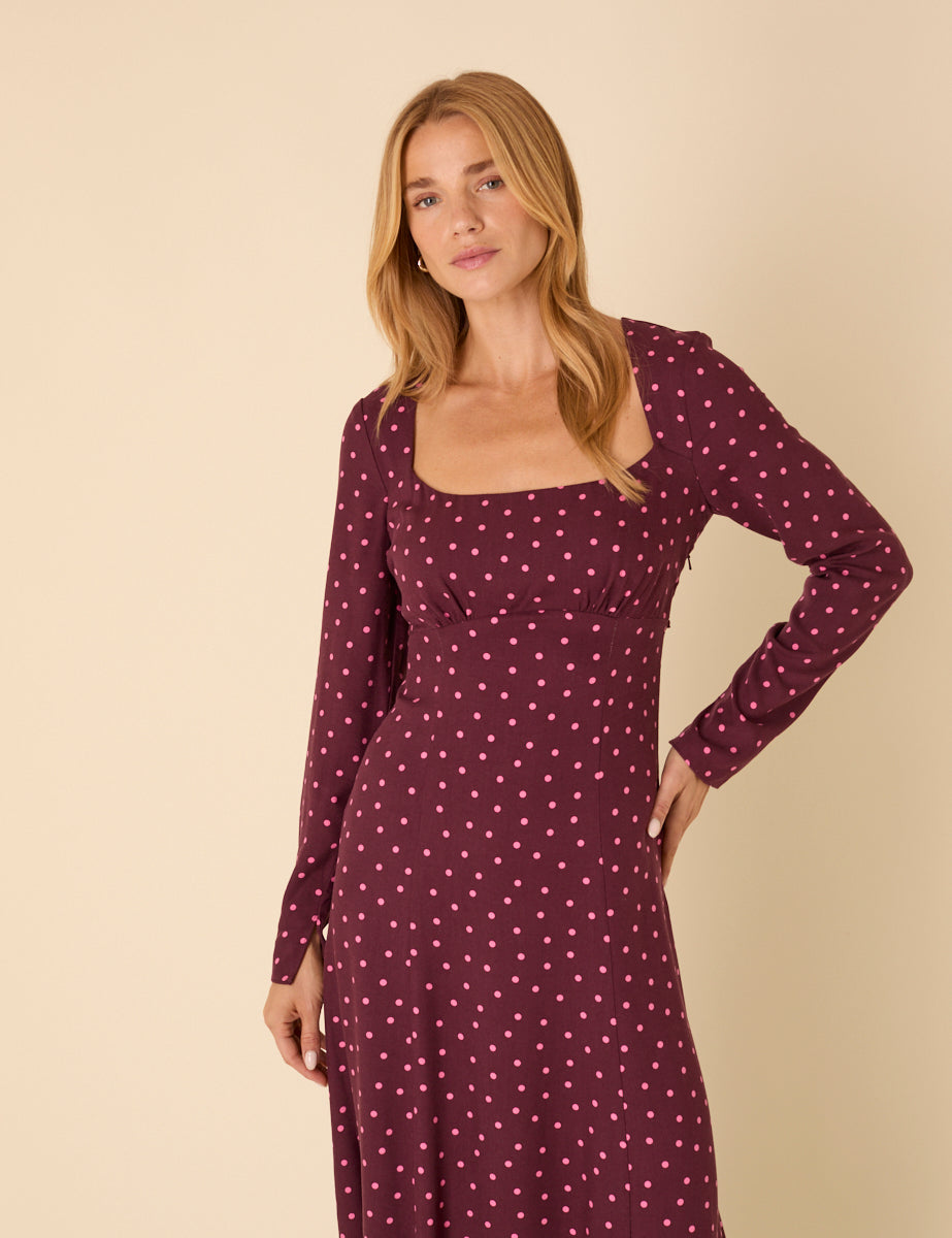 delilah midi dress Burgundy Polka Dot Delilah Midi Dress
