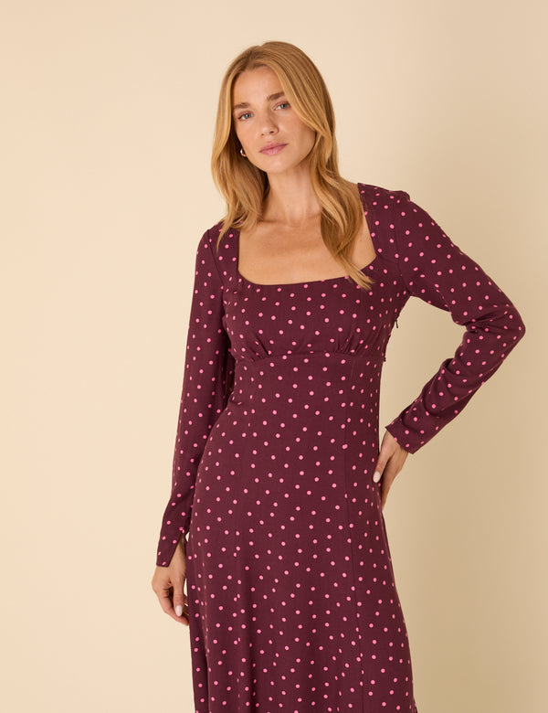 Burgundy Polka Dot Delilah Midi Dress