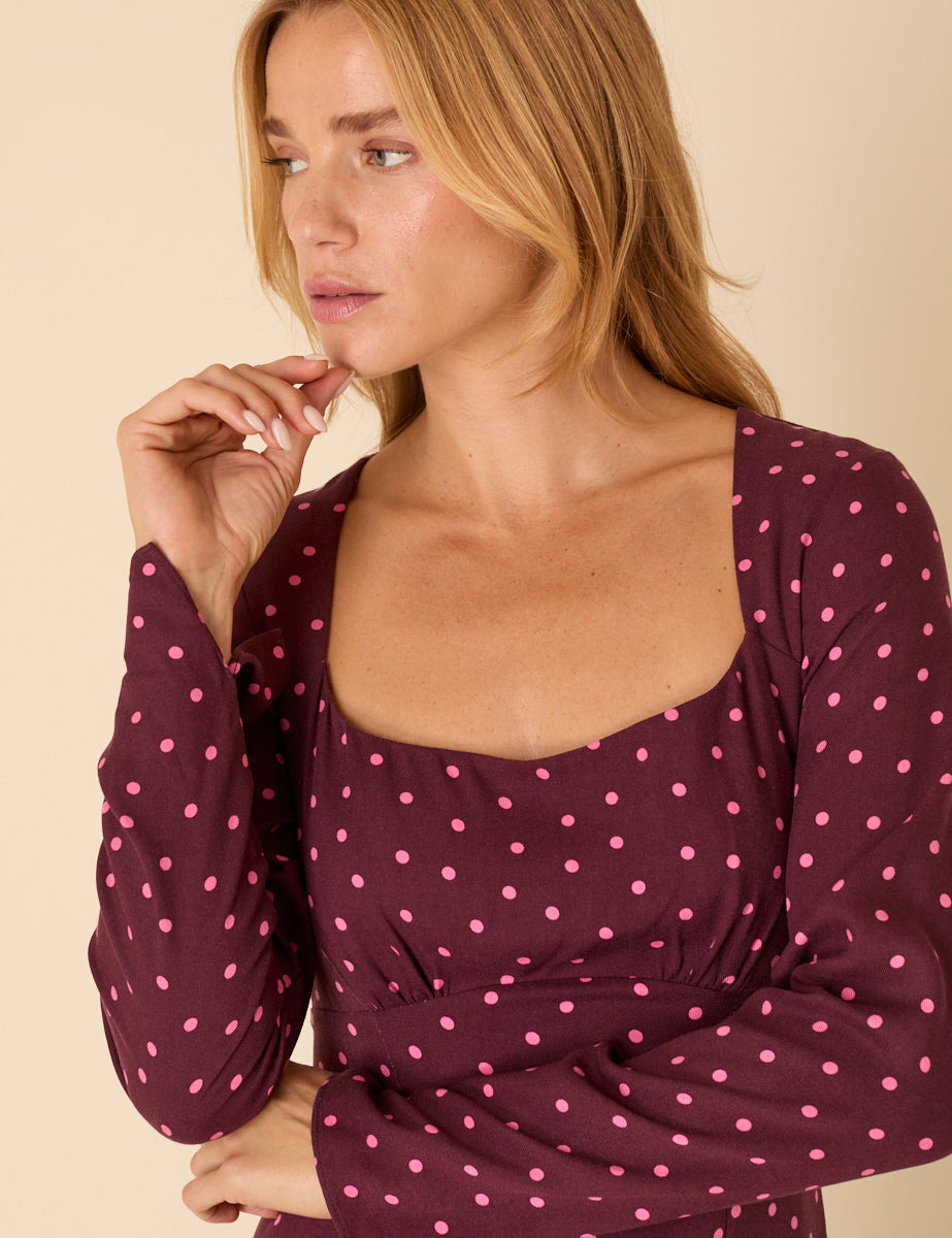 burgundy polka dot midi dress Burgundy Polka Dot Delilah Midi Dress