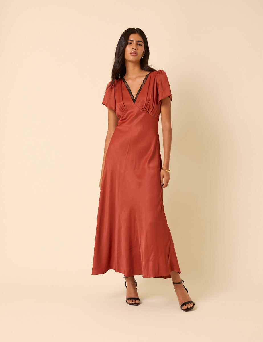 Burnt Rust Satin Lace Trim Sienna Midaxi Dress