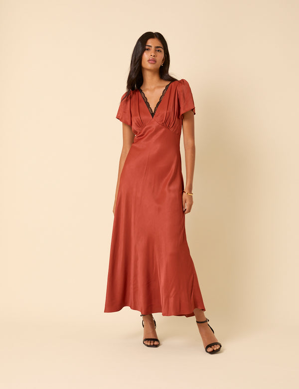 Burnt Rust Satin Lace Trim Sienna Midaxi Dress