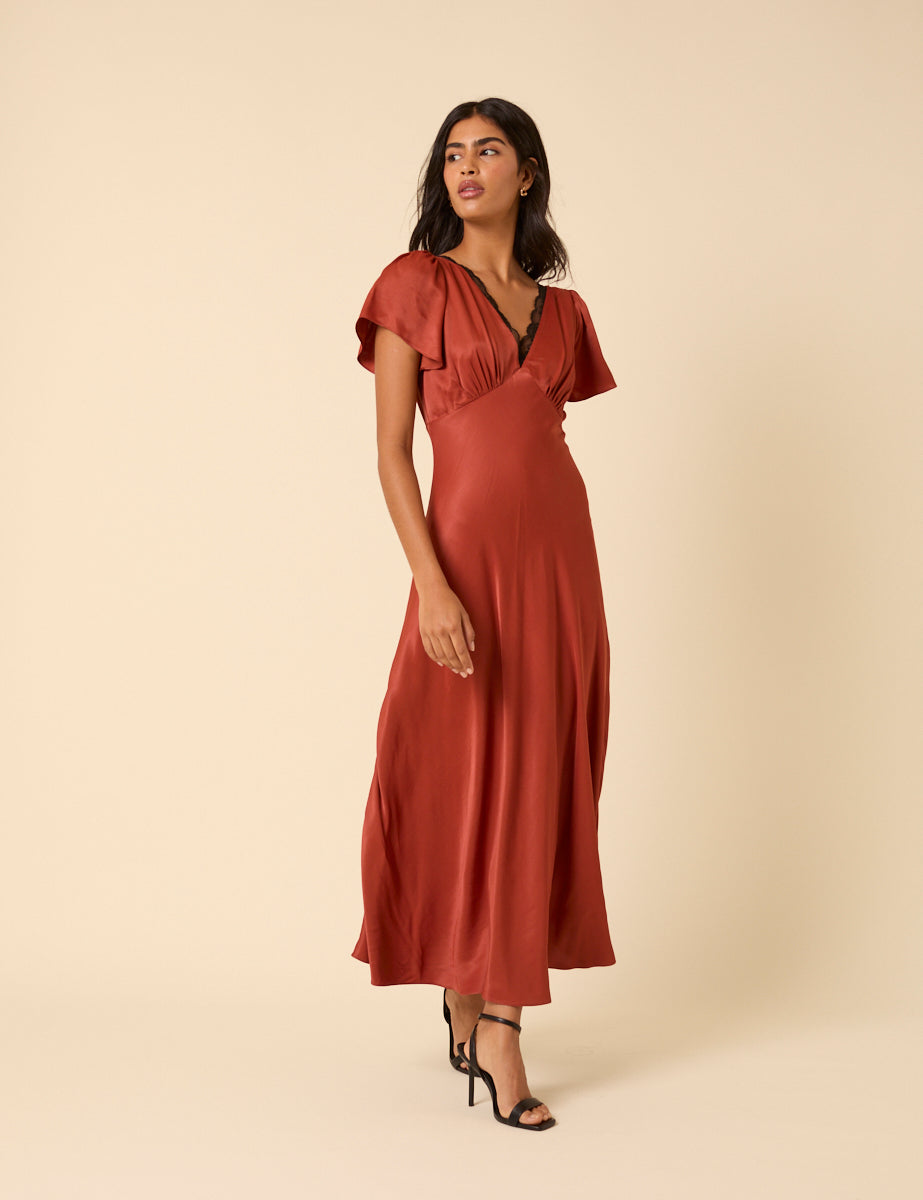 Rust Satrin Burnt Rust Satin Lace Trim Sienna Midaxi Dress