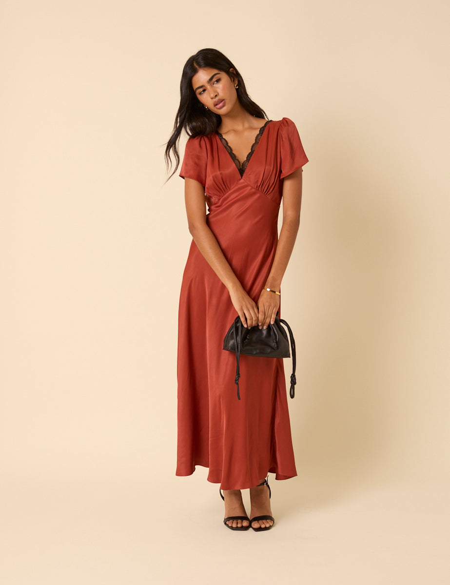 Burnt Rust Satin Lace Trim Sienna Midaxi Dress