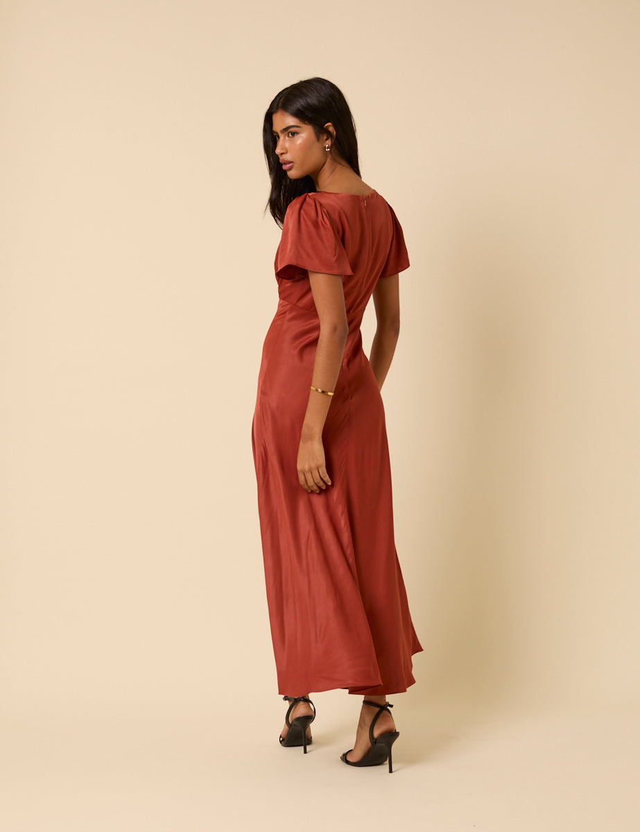 Burnt Rust Satin Lace Trim Sienna Midaxi Dress