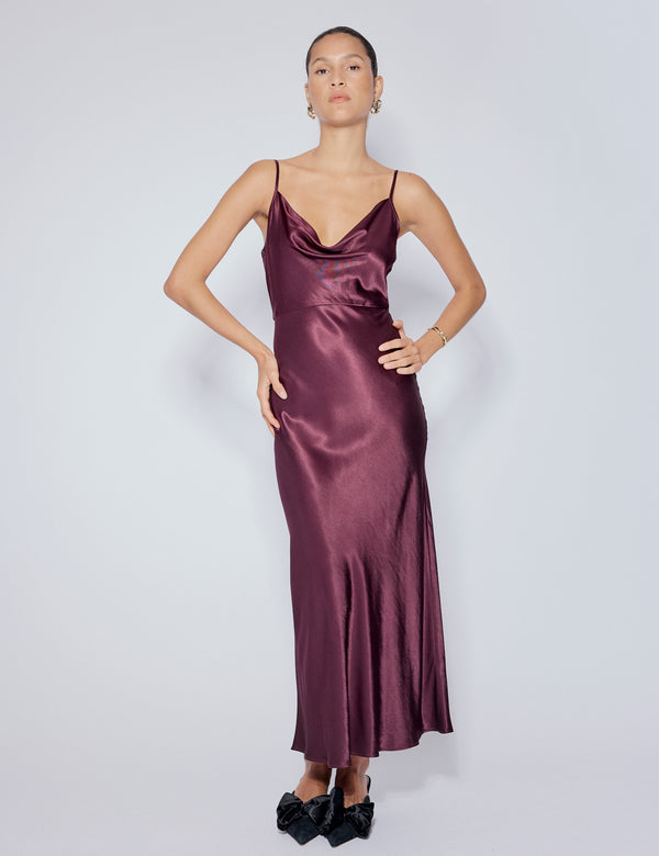 Purple Satin Cowl Neck Trixie Midi Dress