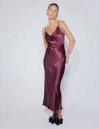 Purple Satin Cowl Neck Trixie Midi Dress