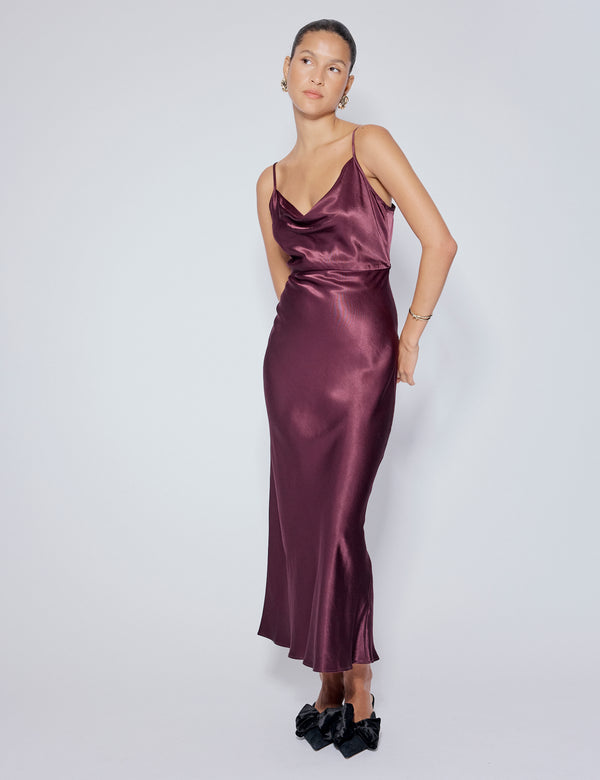 Purple Satin Cowl Neck Trixie Midi Dress