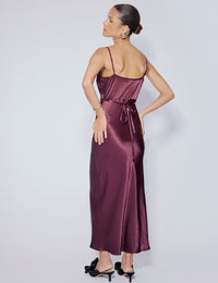 Purple Satin Cowl Neck Trixie Midi Dress