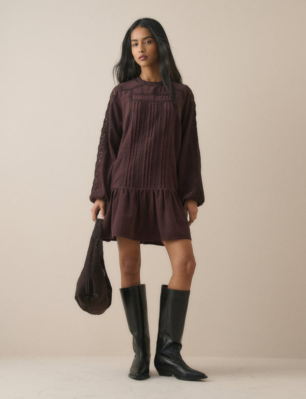 Brown Long Sleeve Cord Denise Mini Dress