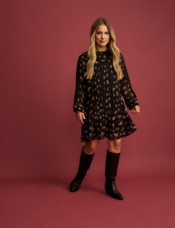Black Floral High Neck Denise Mini Dress