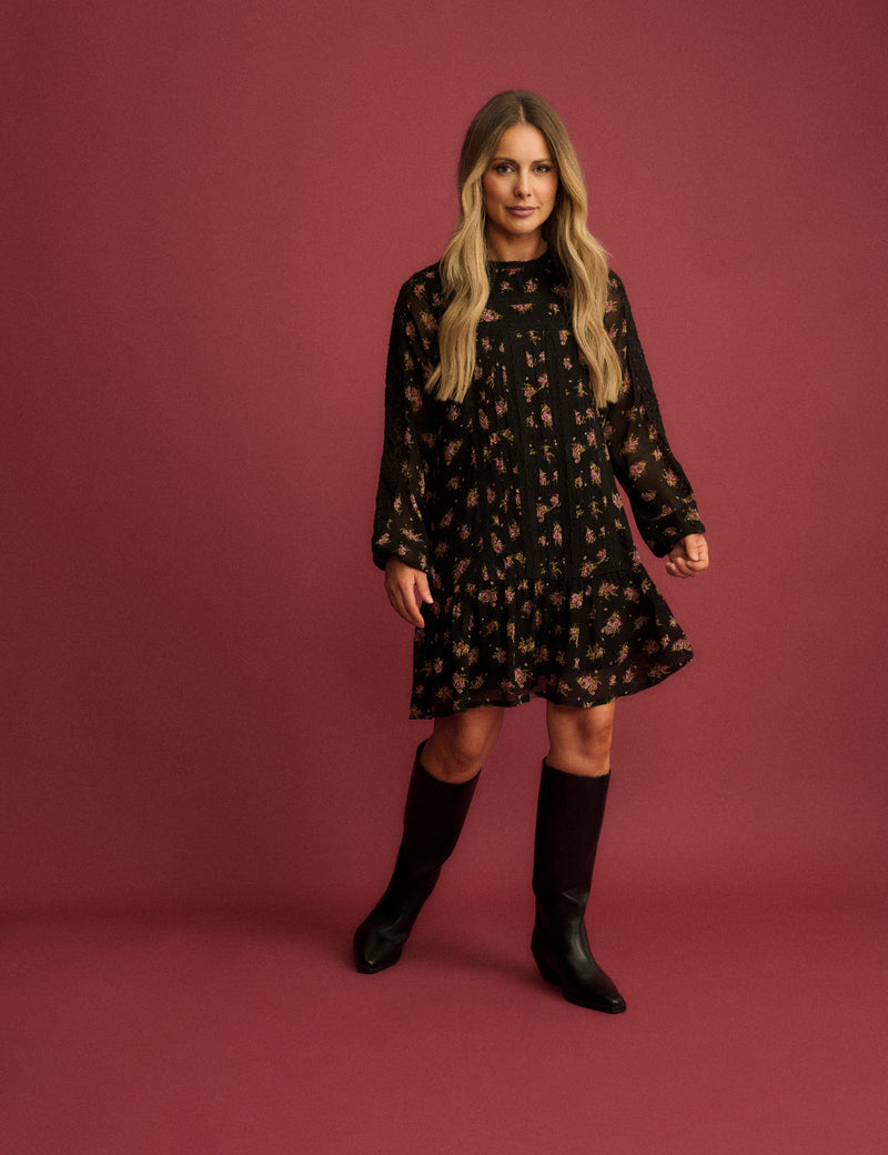 Black Floral High Neck Denise Mini Dress