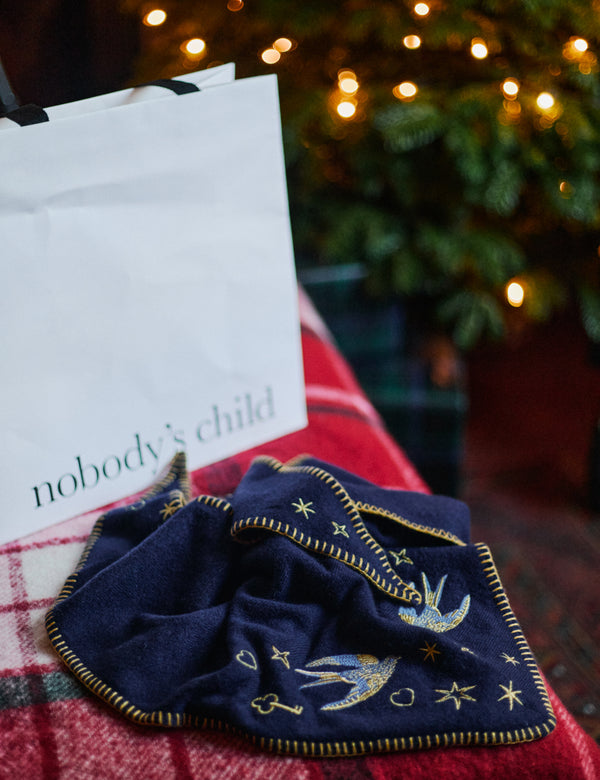 Navy Celestial Embroidered Triangle Scarf