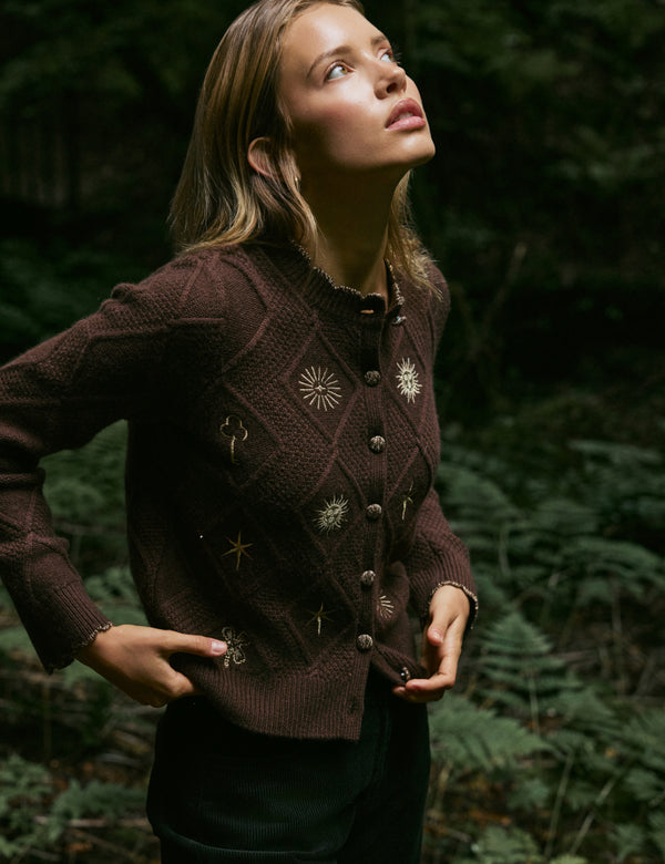 Brown Celestial Embroidered Knitted Cardigan