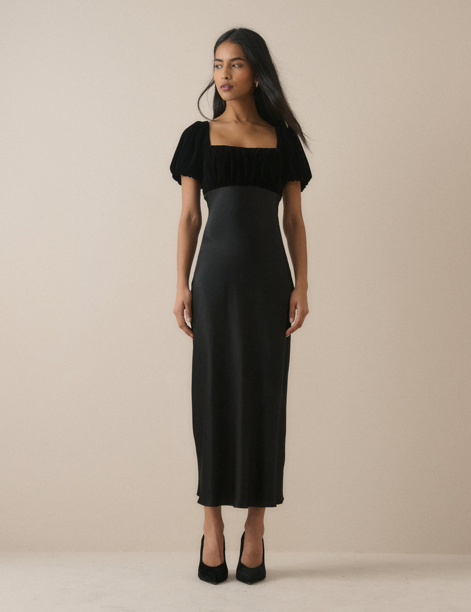 Black Satin Puff Sleeve Elizabeth Midi Dress