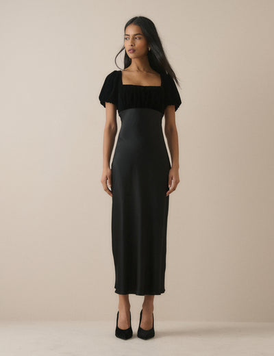 Black Satin Puff Sleeve Elizabeth Midi Dress
