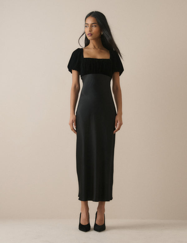 Black Satin Puff Sleeve Elizabeth Midi Dress