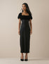 Black Satin Puff Sleeve Elizabeth Midi Dress