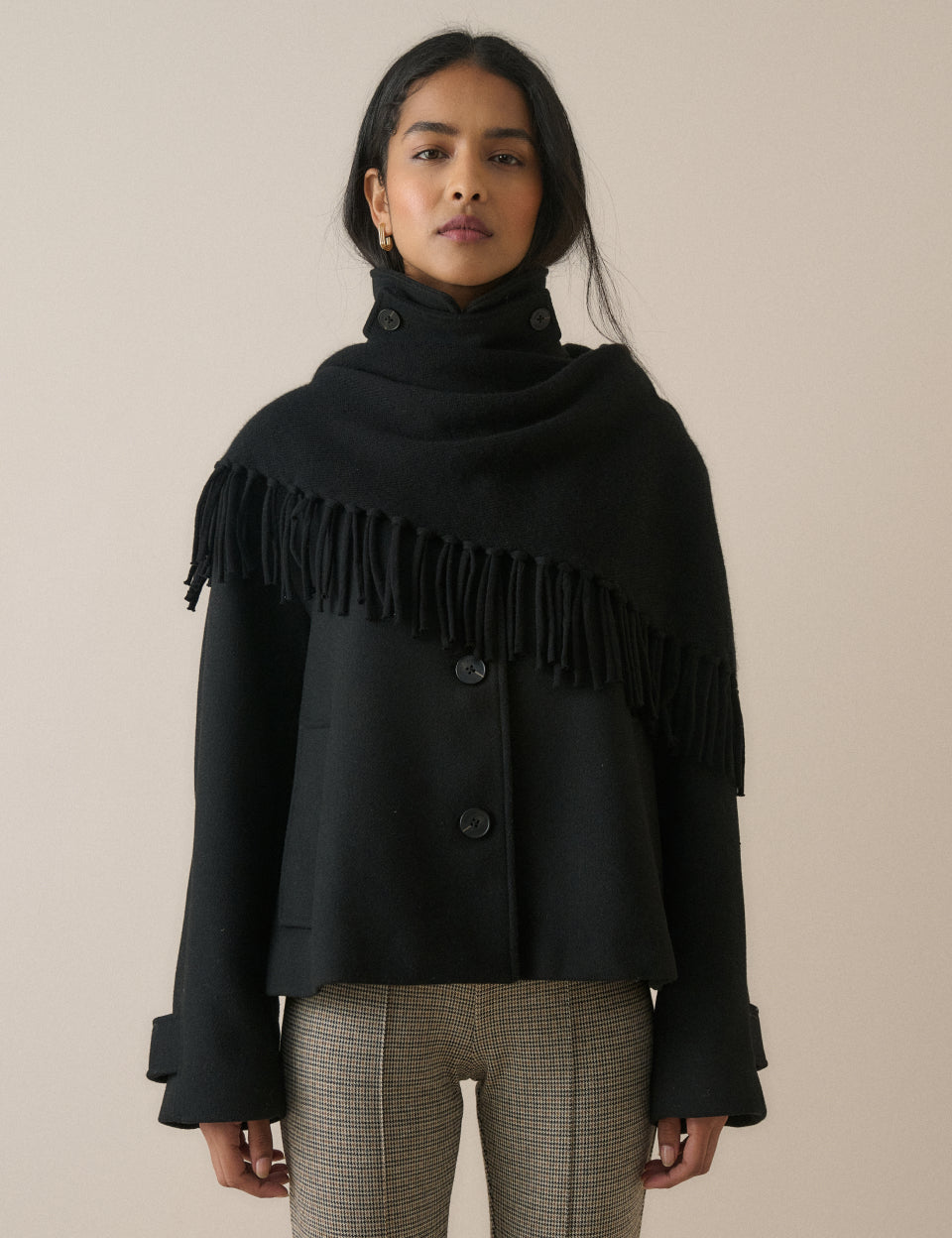 Black Funnel Neck Relaxed Fit Wool-Blend Coat