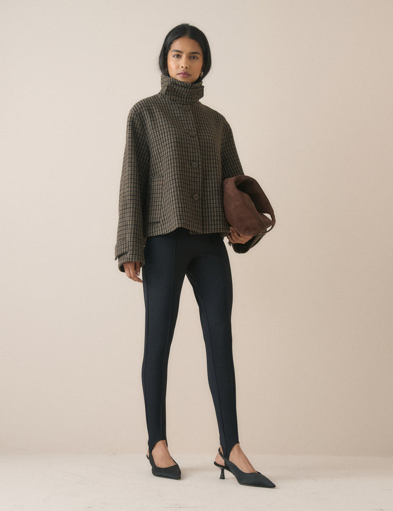 Brown Check Funnel Neck Relaxed Fit Wool-Blend Coat