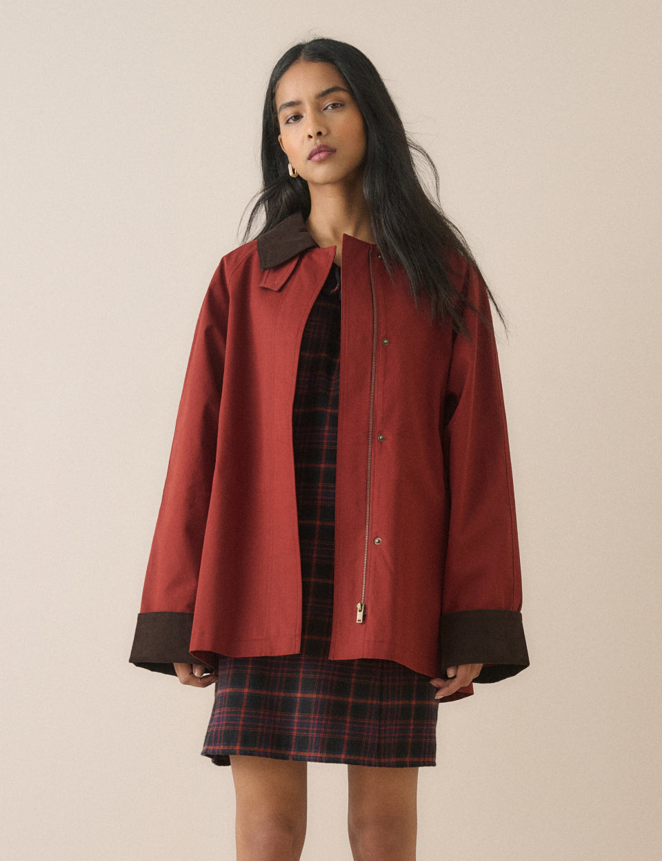 Red barn coat with brown cord collar and cuffs