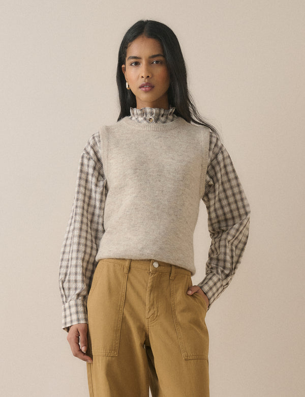 Grey Check Frill Neck Blouse