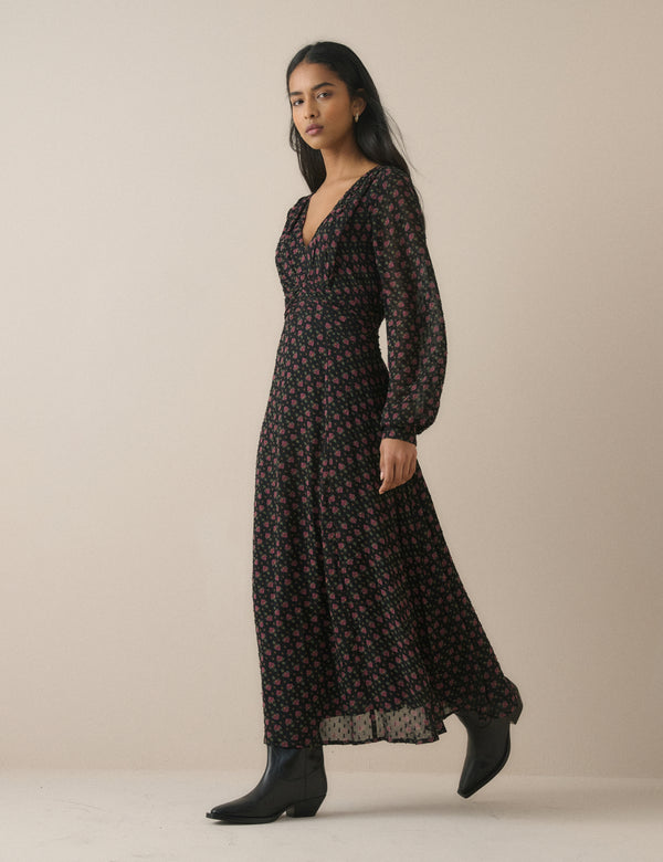 Black Floral Ruched Ines Maxi Dress