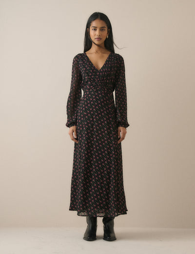 Black Floral Ruched Ines Maxi Dress
