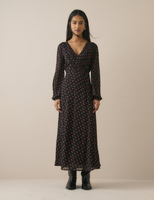 Black Floral Ruched Ines Maxi Dress