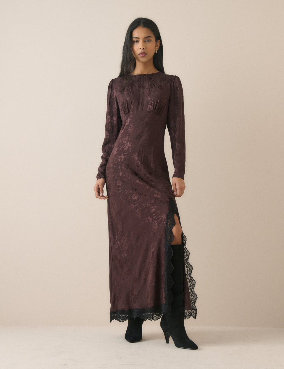 Brown Jacquard Floral Satin Jamie Midi Dress