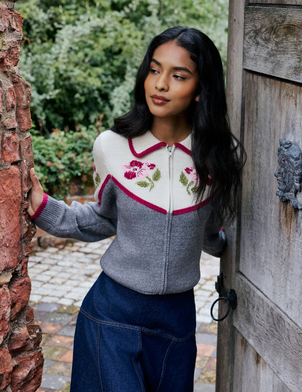 White and Grey Floral Knitted Jacket