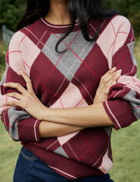 Burgundy Argyle Oversized Wool-Blend Jumper